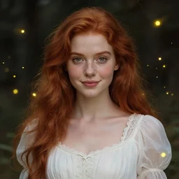 a highly detailed, hyper realistic red haired young woman, white romantic dress with intricate details, among golden fireflies, long hair, green eyes, hint of freckles, round gentle face, cheeky smile, deep focus, elegant, smooth, sharp, golden ratio, digital painting, art by elisabeth vigee le brun and vittorio reggianini