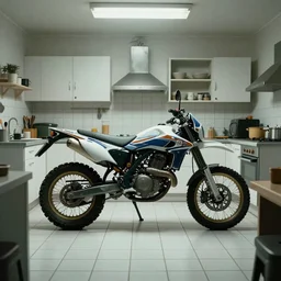 a huge motorbike standing in the middle of a small kitchen, white tile on the floor, by paolo pellegrin, cinematic