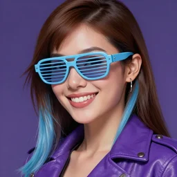 closeup painting of a very beautiful young mexican cyberpunk woman with a smile, light blue retro slotted shades, and a purple coloured leather jacket, one side haircut, long brown hair with light blue ends, portrait, sci - fi, hyperdetailed, artstation, cgsociety, synthwave by tangerine dream, by jean - michel jarre, by vangelis, by john carpenter