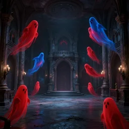 interior view of a dark and gritty surrealist castle ball room with red ghosts and blue spectres flying all over the place, rough strokes, pencil texture, high contrast key, black and white hyper detailed charcoal art by greg rutkowski and artgerm