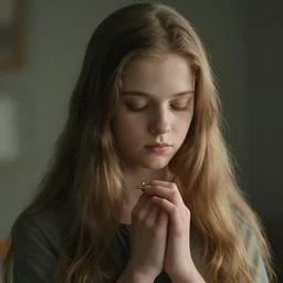 portrait of a young girl with long hair praying with a cross on her neck, by greg rutkowski, digital art, highly detailed, cinematic, cinematic lighting, unreal engine, beautiful art, high resolution, trending on artstation