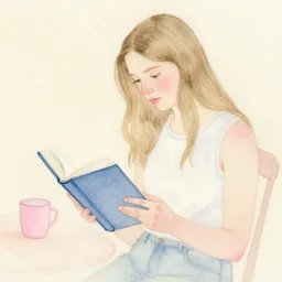 watercolour painting, beige, pink, blue, pastel colors, of girl reading a book by emily winfield martin and mary blair, trending on society 6