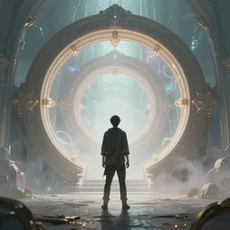 back view of a lone man standing in front of an interdimensional warp gate, a magical round gate, dreamy, ethereal, concept art, by greg rutkowski, by dan mumford, highly detailed, trending on artstationhq