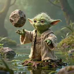 Master Yoda, sitting on a stump in the swamp, using the force to levitate a boulder, photorealistic illustration, digital art