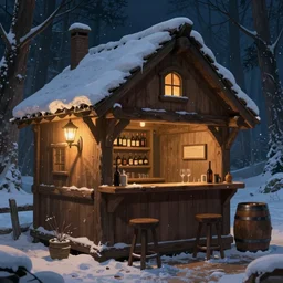 on a snowy night, a medieval wine barrel wooden house bar in the magic forest. the retro wall lamp on the wooden wall emits warm light ( and the atmosphere is very strong ) ) ), trending on artstation, illustrated by greg rutkowskia, 4 k digital art, the style of lands 2