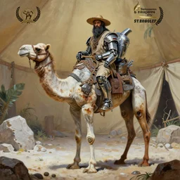 a camel - like anthropomorphic merchant trader in a tent, chrome mechas, matte oil painting, retrofuturistic, concept art, science fantasy, mutant, lgbt, queer, rpg, epic, rusted, white salt, badlands, jungles, dungeons & dragons, sacred, sharp focus, award - winning, extremely detailed, 4 k, 8 k