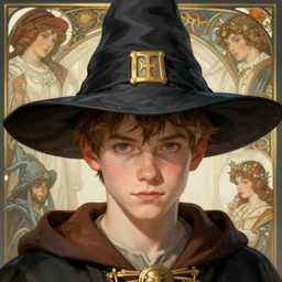 a realistic wizard teenager wearing a wizard cap, sharp focus, illustration, art by artgerm and greg rutkowski and alphonse mucha - n 6