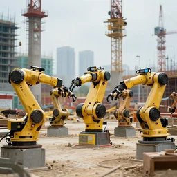 group of humanoid robots waiting to start work at construction site, long shot, cinematic