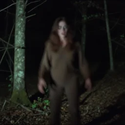 creature far away looking at camera in forest at night, colorized 70s photo, out of focus, motion blur, cctv footage, horror movie, horror lighting, blair witch project, old photo