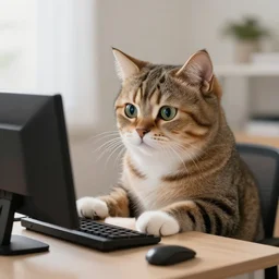 photo of an anthropomorphic cat using a computer