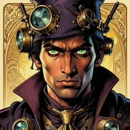 a detailed portrait illustration of a steampunk wizard. stern indian male face, dark skin, piercing green eyes. art nouveau, pop art, comic book style. influenced by neil gaiman, h. p. lovecraft, dan mumford, android jones, vadim voitekhovitch, killian eng, ross tran.