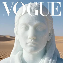 close up of face of a fashion ice sculpture, in desert, official vogue editorial, highly detailed