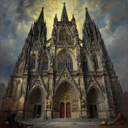 portrait oil painting, a gothic cathedral in hell, ultra realistic, wide angle, intricate details, artifacts, luminous skies, highly detailed, michael cheval, peter mohrbacher, boris vallejo, jessica rossier, oil painting, highly detailed, cinematic lighting