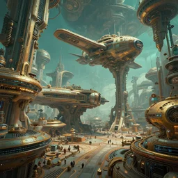cinematic still of hyper detailed realistic highly technical greeble hard surface modelled afro futurist spaceport designed by frank lloyd wright architect, surreal flying aircraft, deep perspective, wide angle, insanely detailed and intricate, teal gold and orange color scheme,