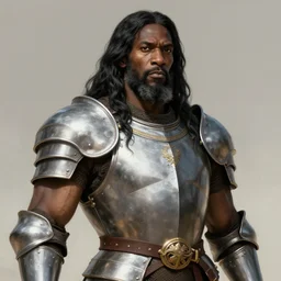 muscular old, wise african warrior in knight armor, long black hair, fantasy, art by joseph leyendecker, peter mohrbacher, ruan jia, finnian macmanus, marc simonetti, dean cornwell, ayami kojima, vasnetsov, cedric peyravernay, alphonse mucha