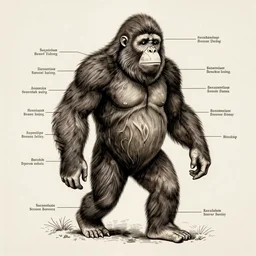 vintage medical anatomical illustration of sasquatch, highly detailed, labels, intricate writing