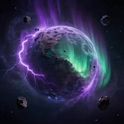 screenshot from the new sci - fi film directed by denis villeneuve 4 k. cinema. close orbital of a new alien world nested within an asteroid belt nebula. purple and green lightning aurora upon it's surface.