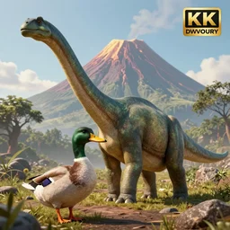 a hybrid between a duck and a brachiosaurus in pre historic earth, volcano in the background, photography, award winning, national geographic channel, discovery channel, wildlife, 8 k