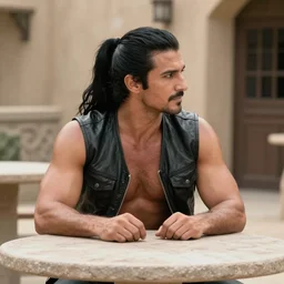 muscular man sitting at table on tatooine, wearing a black leather vest vest vest, no shirt, shirtless, long long black black hair in a ponytail ponytail 9 9 9 9 9 9