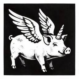 black and white flying pig with unicorn horn and white wings woodcut