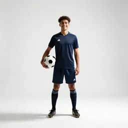 cheerful soccer player with ball, cinematic studio photo, full body, standing, isolated on a pure white background, centered, whole figure in frame, sharp focus, studio lighting