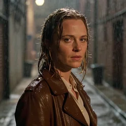 A close-up, color outdoor film still of a Alicia Amanda Vikander in the alleyway, heavy rain, dynamic lighting at night, from Blade Runner(1982).