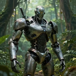 epic portrait of a menacing robot in the jungle, trending on artstation, octane render