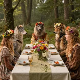 a table dinner of wild animals where animals are dressed like the characters from the midsommar movie wearing flowers, realistic detailed digital art by maxwell boas jessica rossier christian dimitrov anton fadeev trending on artstation cgsociety rendered in unreal engine 4 k hq