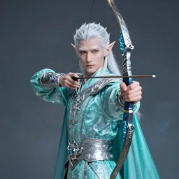 half length portrait of a handsome male snow elf in a turquoise cape and silver ornate armour as an archer, albino skin, pointy ears, symmetrical face, ethereal opalescent mist, perfect face, elegant, very coherent symmetrical artwork, atmospheric lighting, rule of thirds, by wenjun lin, krenz cushart, charlie bowater, trending on artstation