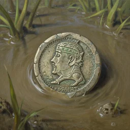 a detailed and accurate masterpiece painting of a small incan coin in muddy water in a swamp, sharp detail, by tyler edlin, noah bradley, john j. park, jordan grimmer trending on artstation