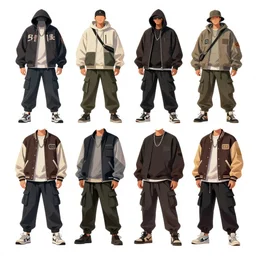 a design sheet of various urban samurai hip hop influenced costumes, digital illustration, by yoji shinkawa and takehiko inoue and mœbius