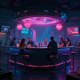 photo environment cyberpunk bar : 4, 4 k rtx hdr volume light concept studio matte painting environment digital illustration style cyberpunk 2 0 7 7 artstation, by artur tarnowski, by mihai muscan, by marcin tomalak, by marta leydy, by marcin stepien, charlotte hughes, zuzanna dabrowa, neon bioluminiscence