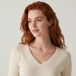 olive skinned redhead female model in her twenties, wearing a v - neck sweater, looking content, focused on her neck, photo realistic, extreme detail skin, natural beauty, no filter, slr, golden hour, 4 k, high definition, selfie