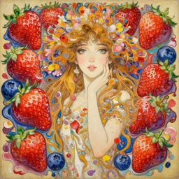 an intricate oil painting of a beautifull woman surounded by hiper detailed strawberry, blueberry, fluid acrilic art, melting colorfull wax, coloful flower petals, colorfull, excelent composition, wide shot, by yoshitaka amano, by greg rutkowski, by alphonse mucha by jeremyg lipkinng, by rhads, by ross tran, by art
