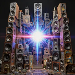 highly detailed surreal vfx portrait of a 3 d brutalist landscape of stacks of recursive speakers, polyphonic ecstacy, vibrant vibrations, pulse projections, sonic power, ornate, hyperrealistic, octane render, chiaroscuro, inspired by james jean, android jones, beeple, rhads, alphonse mucha, frostbite 3 engine