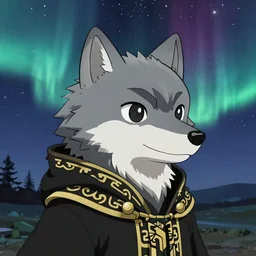 cute anime style art of a grey anthro furry wolf character, wearing a majestic black tunic with a gold pattern, looking at viewer, profile picture, trending on artstation, in front of a starry aurora night