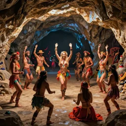 stone age rave in a cave, digital art by eugene de blaas and ross tran, vibrant color scheme, highly detailed, in the style of romanticism, cinematic, artstation, greg rutkowski
