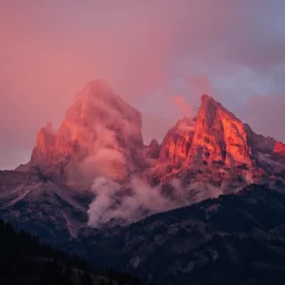 1 9 2 0 s color spirit photography 9 1 1 1 2 1 of alpine red sunrise in the dolomites, smoke from mountains, eerie, by william hope, beautiful, dreamy, grainy