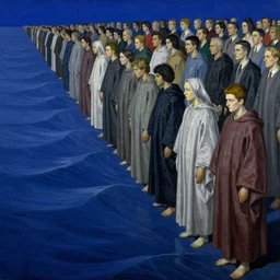 worshippers in robes standing in waves, high detailed beksinski painting, part by adrian ghenie and gerhard richter. art by takato yamamoto. masterpiece, deep colours, blue