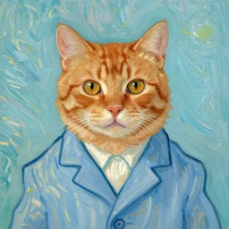 a portrait of a ginger orange cat, wearing a light blue suit, ears visible, by Vincent Van Gogh