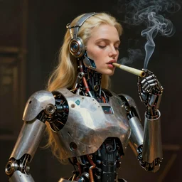 mech robot character smoking a cannabis joint, propaganda