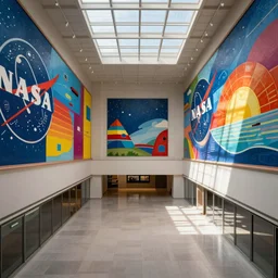 interior view overlooking a spectacular incredible beautiful art museum with huge retro nasa murals, bright colored buildings