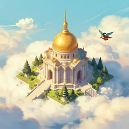 an isometric temple in the clouds, by greg rutkowski and james gurney