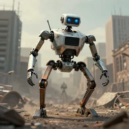a three - legged robot on flexible legs from the war of the worlds stands over the city