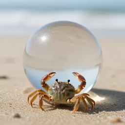 a transparent sphere on a beach with a crab looking at it