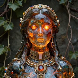 detailed portrait, cosmopolitan priestess, molten glassworks face sculpted features, glowing ember eyes, statuesque, glass skin, fiberglass hair, high collar, opulent, encrusted, jewel, refractions, chiaroscuro, organic impressionism, vine backdrop, natural colors, octane render