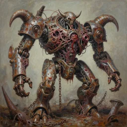 thick acrylic painting on necrotic skin of flayed god machines, cluster battle chaos machines, intricately macerated by age, sentient, dethroned goliath machine, whipping blood turbines, hydrocracking battles, rusted, chains are macerated, eviscerated by fimbria wires, bicornate fungal pit, trash patina sheen rotting, by alberto bontemp