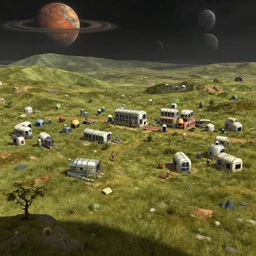 view from a hill overlooking a small colony, with buildings made from modular capsules, on an alien grassland, on an alien planet, from a space themed point and click 2 d graphic adventure game, set design inspired by hg giger and ridley scott and tomb raider, art inspired by thomas kinkade