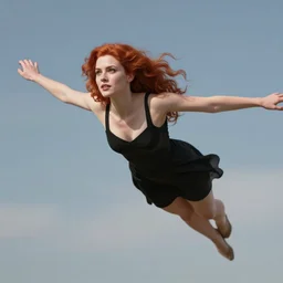 red haired female in a black dress flying through the sky, realistic character concept, medium shot, fun pose, comic book, illustration, slender symmetrical face and body, artstation, cinematic lighting, hyperdetailed, cgsociety, 8k, high resolution, Charlie Bowater, Tom Bagshaw, single face, insanely detailed and intricate, beautiful, vfx, postprocessing