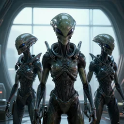 aliens brainsuckers warriors near the giant window inside ufo, cyberpunk, masterpiece. rendered in blender, ultra realistic, smooth shading, ultra detailed, high resolution, cinematic, unreal 6, perfect face, cyberpunk, fine details, studio lighting, subtle shadows, art by katsuya terada, photorealism, hyper realism, octane render, hyper detailed, canon eos r 3, f / 1. 4, iso 2 0 0, 1 / 1 6 0 s, medium shot, 8 k, raw, unedited, in - frame,